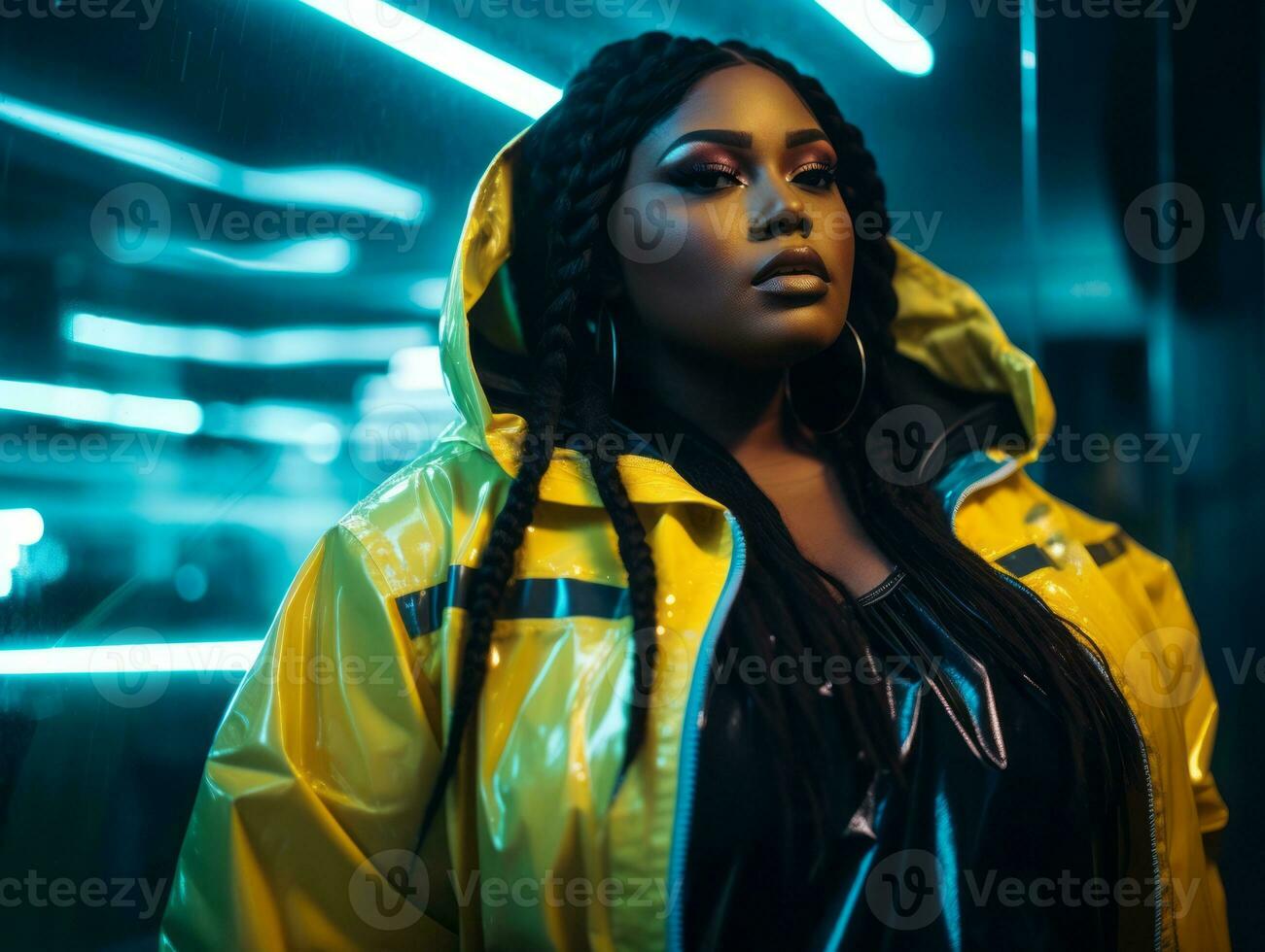 Plus size woman walking confidently through the vibrant neon lit streets AI Generative photo