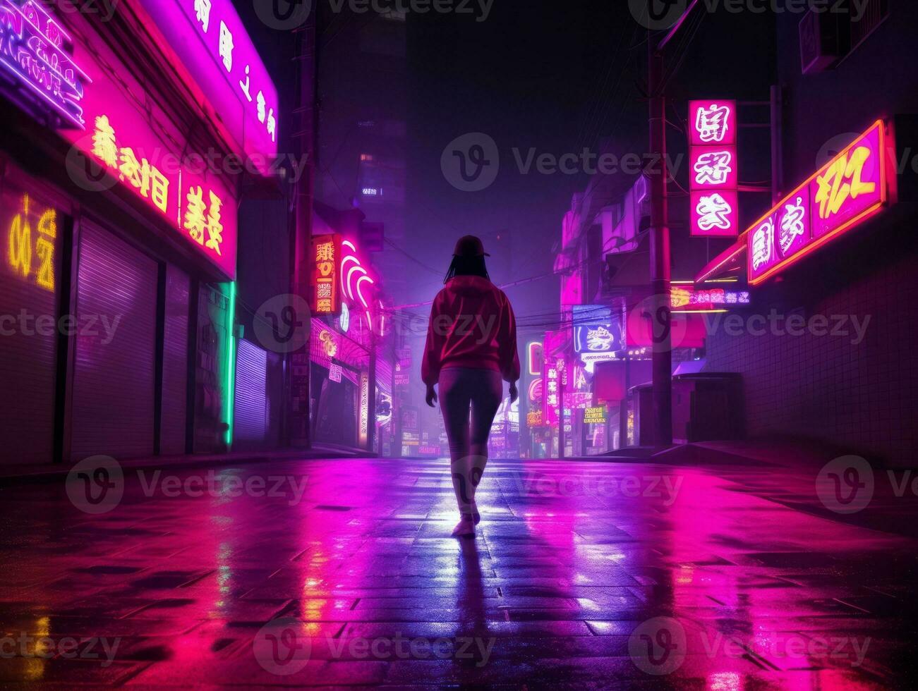 Plus size woman walking confidently through the vibrant neon lit streets AI Generative photo