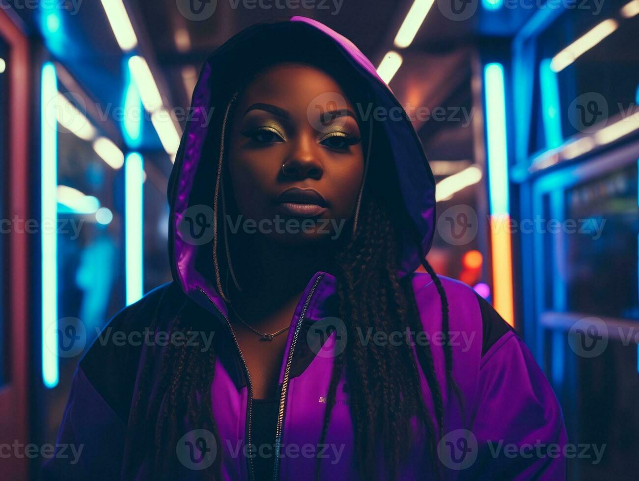 Plus size woman walking confidently through the vibrant neon lit streets AI Generative photo