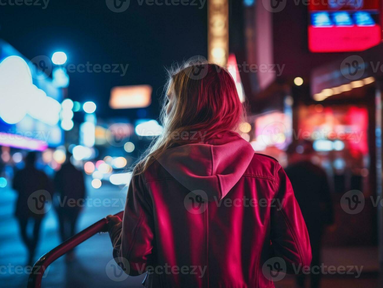 Plus size woman walking confidently through the vibrant neon lit streets AI Generative photo