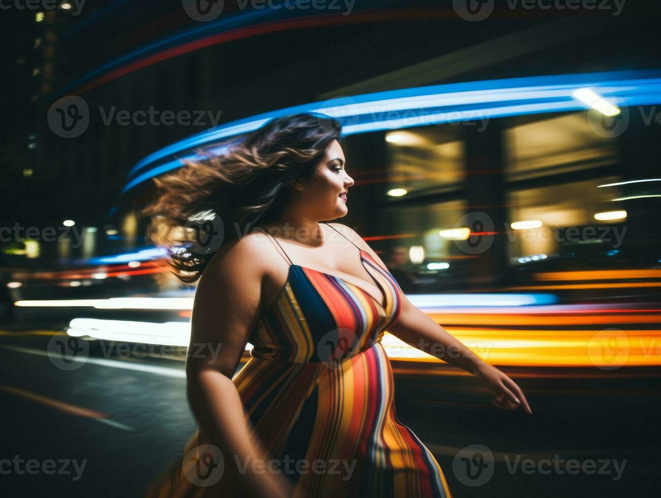 Plus size woman walking confidently through the vibrant neon lit streets AI Generative photo