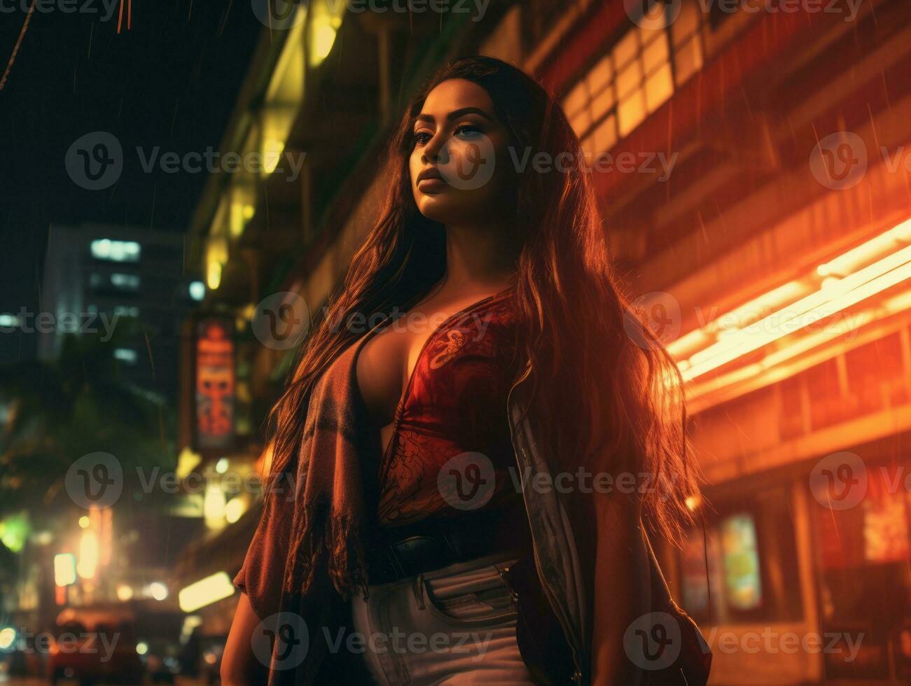 Plus size woman walking confidently through the vibrant neon lit streets AI Generative photo