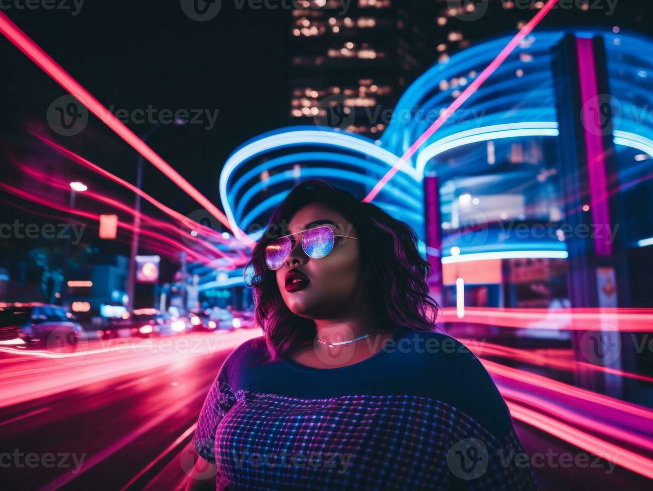 Plus size woman walking confidently through the vibrant neon lit streets AI Generative photo