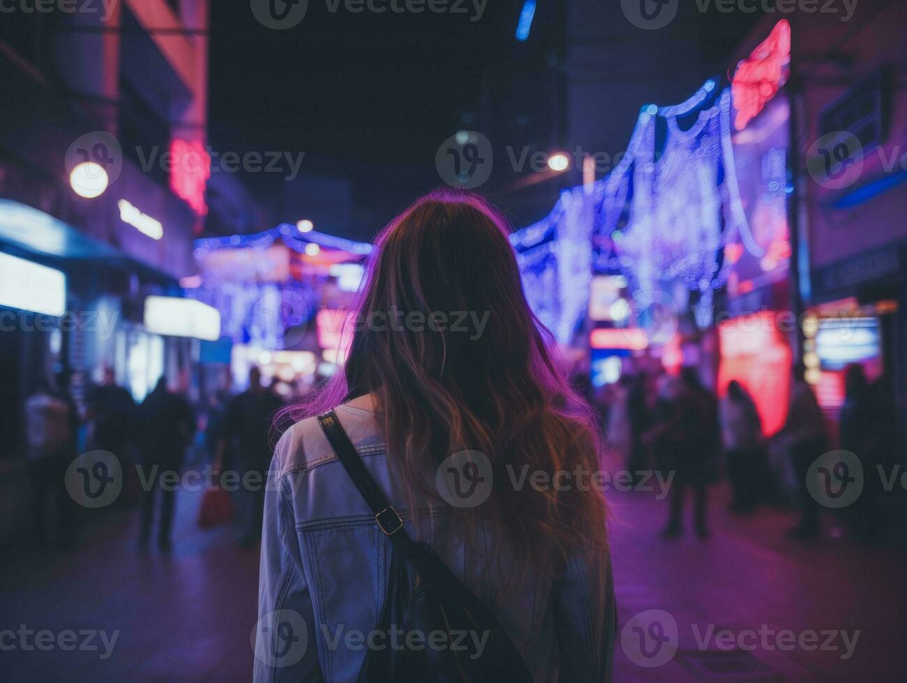 Plus size woman walking confidently through the vibrant neon lit streets AI Generative photo
