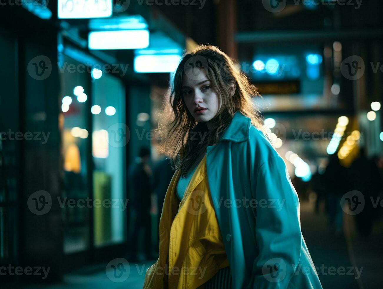 más Talla mujer caminando con confianza mediante el vibrante neón iluminado calles ai generativo foto