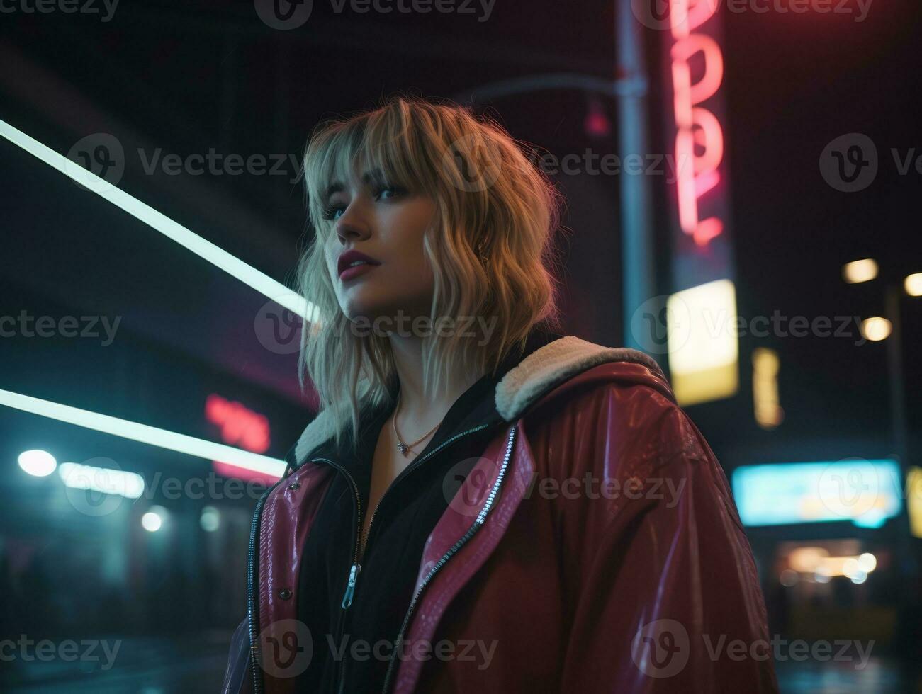 Plus size woman walking confidently through the vibrant neon lit streets AI Generative photo