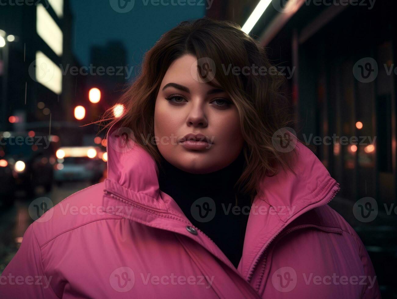 Plus size woman walking confidently through the vibrant neon lit streets AI Generative photo