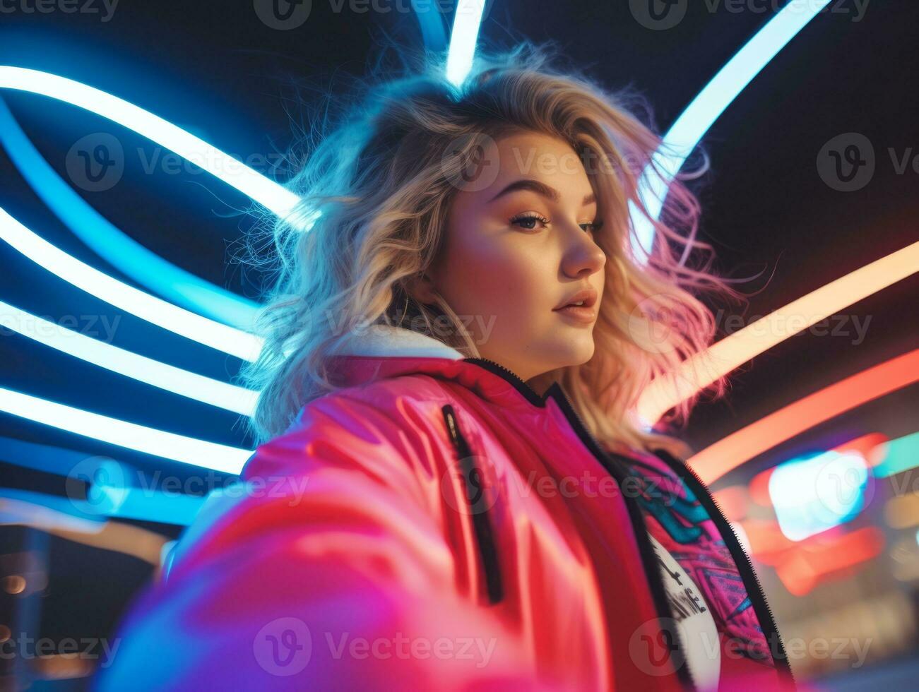 Plus size woman walking confidently through the vibrant neon lit streets AI Generative photo