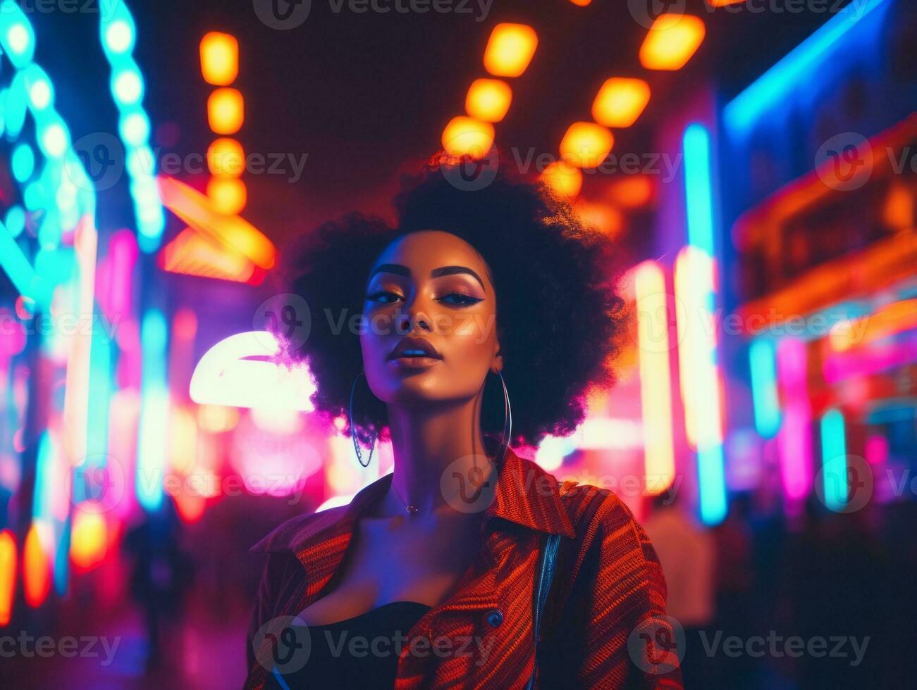 Plus size woman walking confidently through the vibrant neon lit streets AI Generative photo