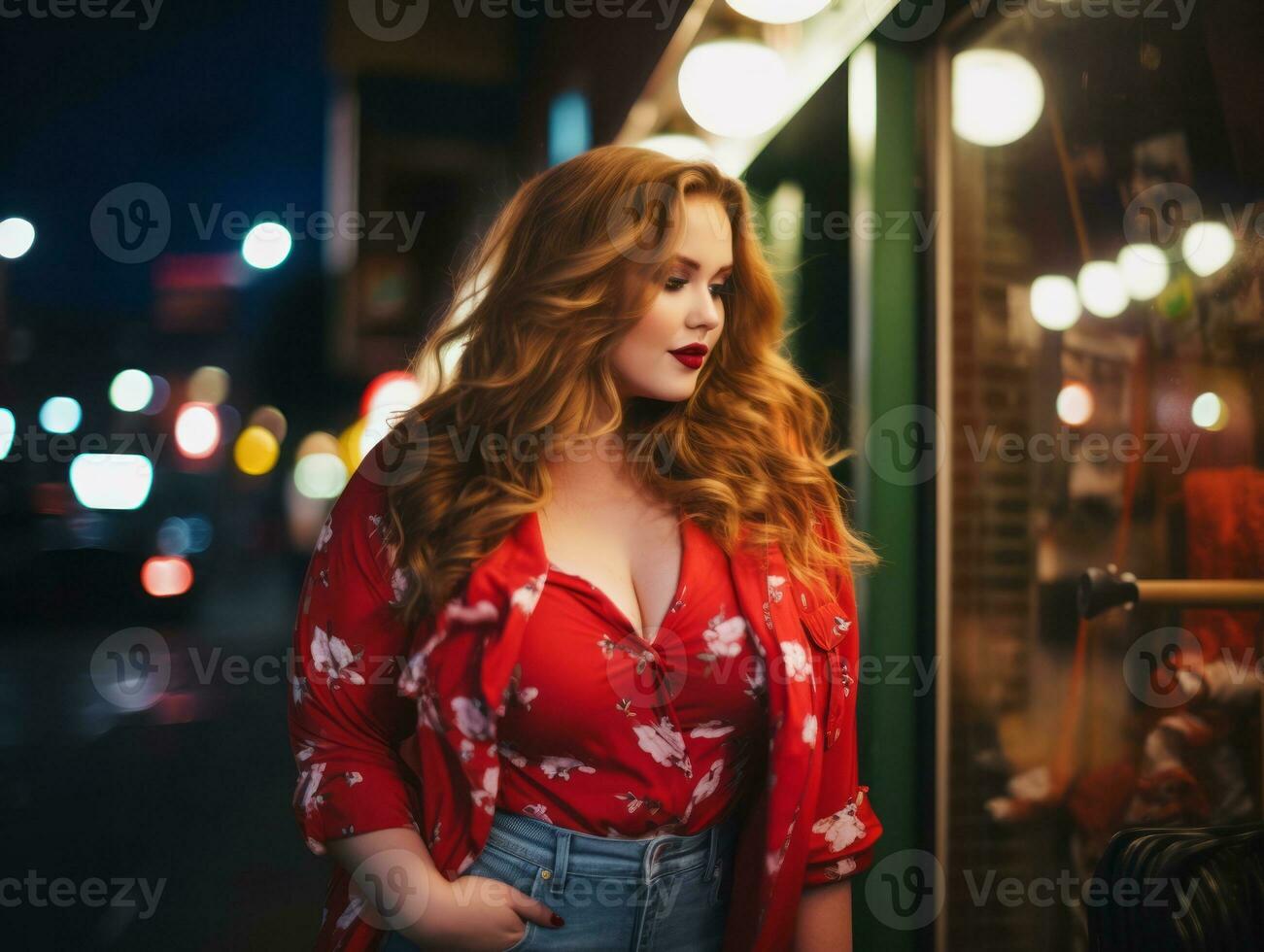 Plus size woman walking confidently through the vibrant neon lit streets AI Generative photo