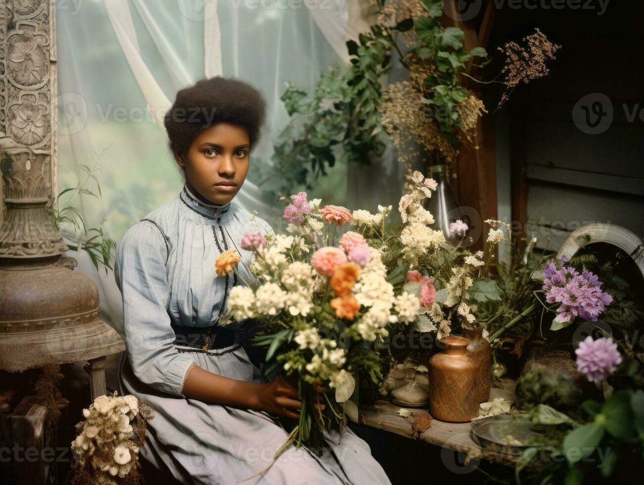 Old colored photograph of a black woman from the early 1900s AI Generative photo