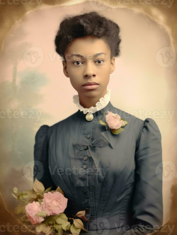 antiguo de colores fotografía de un negro mujer desde el temprano 1900 ai generativo foto