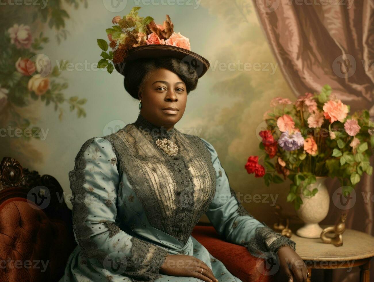 Old colored photograph of a black woman from the early 1900s AI Generative photo