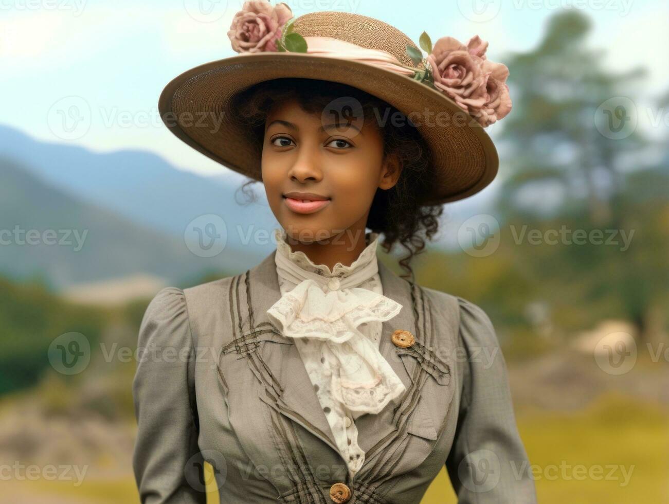 Old colored photograph of a black woman from the early 1900s AI Generative photo