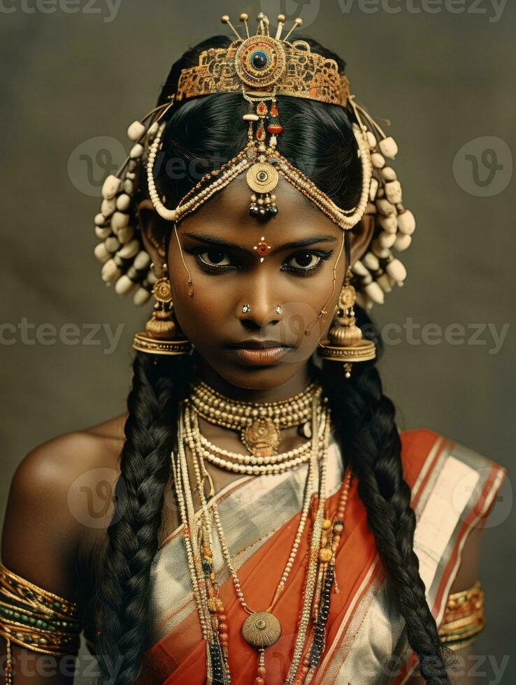 antiguo de colores fotografía de un indio mujer desde el temprano 1900 ai generativo foto