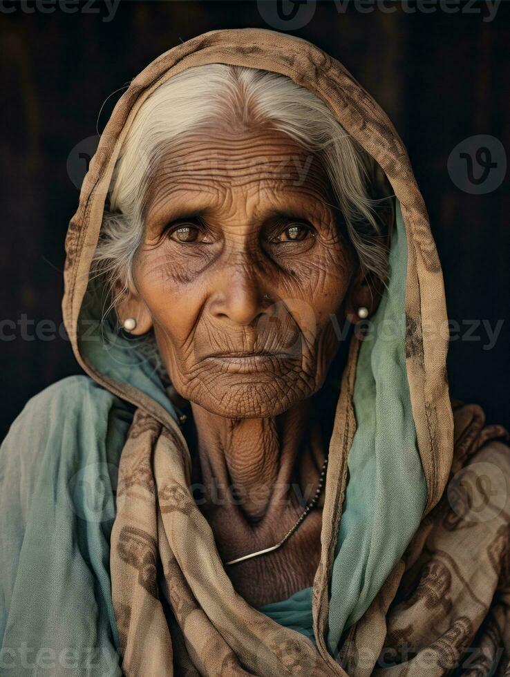 antiguo de colores fotografía de un indio mujer desde el temprano 1900 ai generativo foto