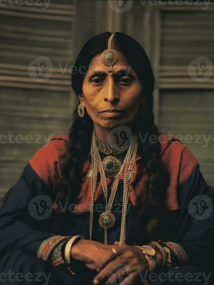 antiguo de colores fotografía de un indio mujer desde el temprano 1900 ai generativo foto