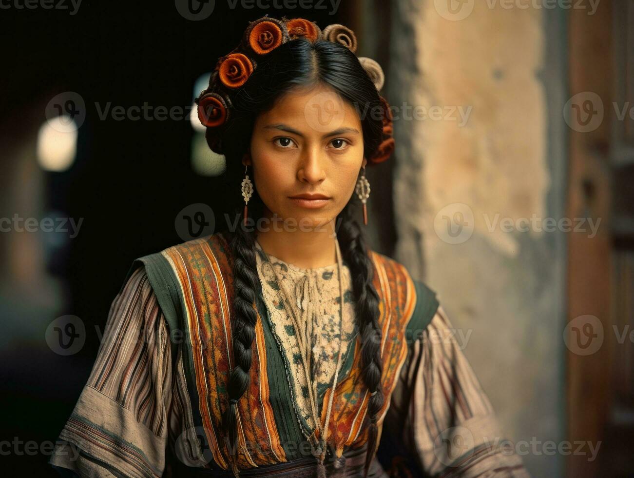 Old colored photograph of a mexican woman from the early 1900s AI Generative photo