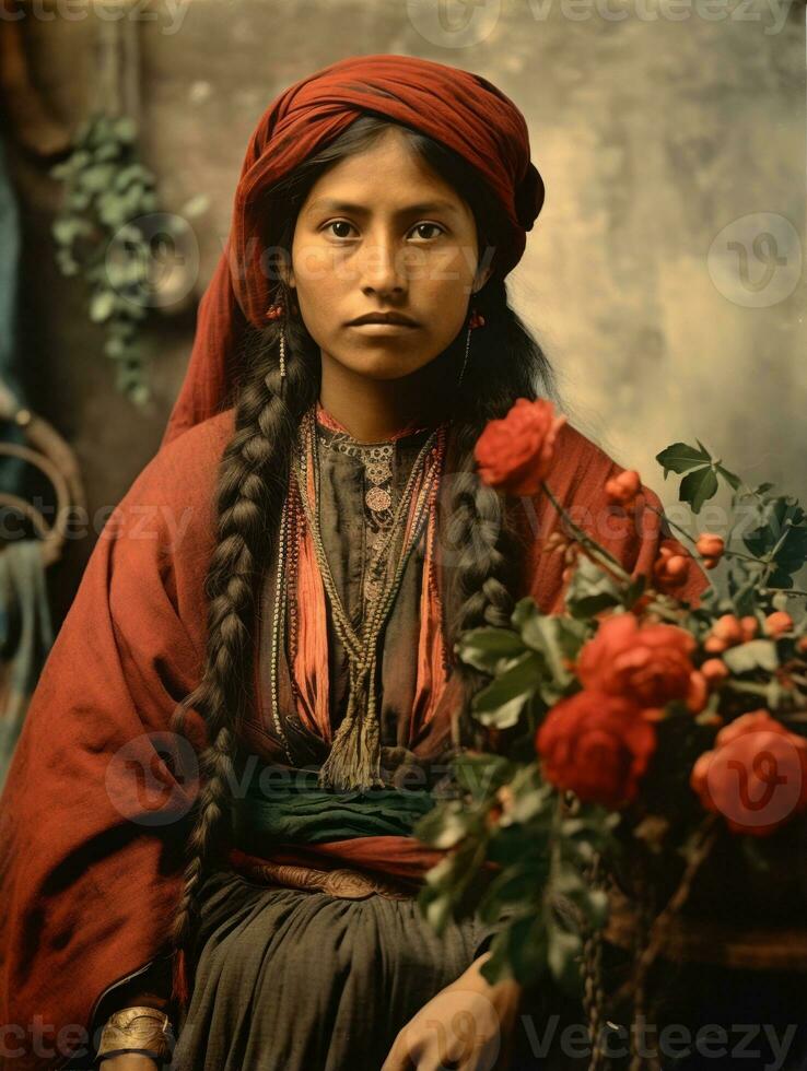 Old colored photograph of a mexican woman from the early 1900s AI Generative photo