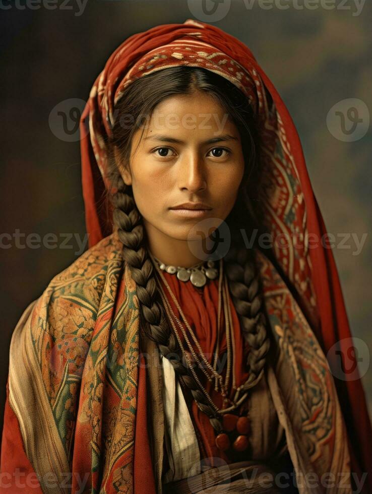 Old colored photograph of a mexican woman from the early 1900s AI Generative photo