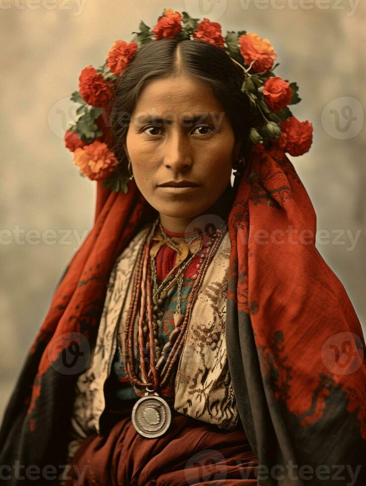 Old colored photograph of a mexican woman from the early 1900s AI Generative photo