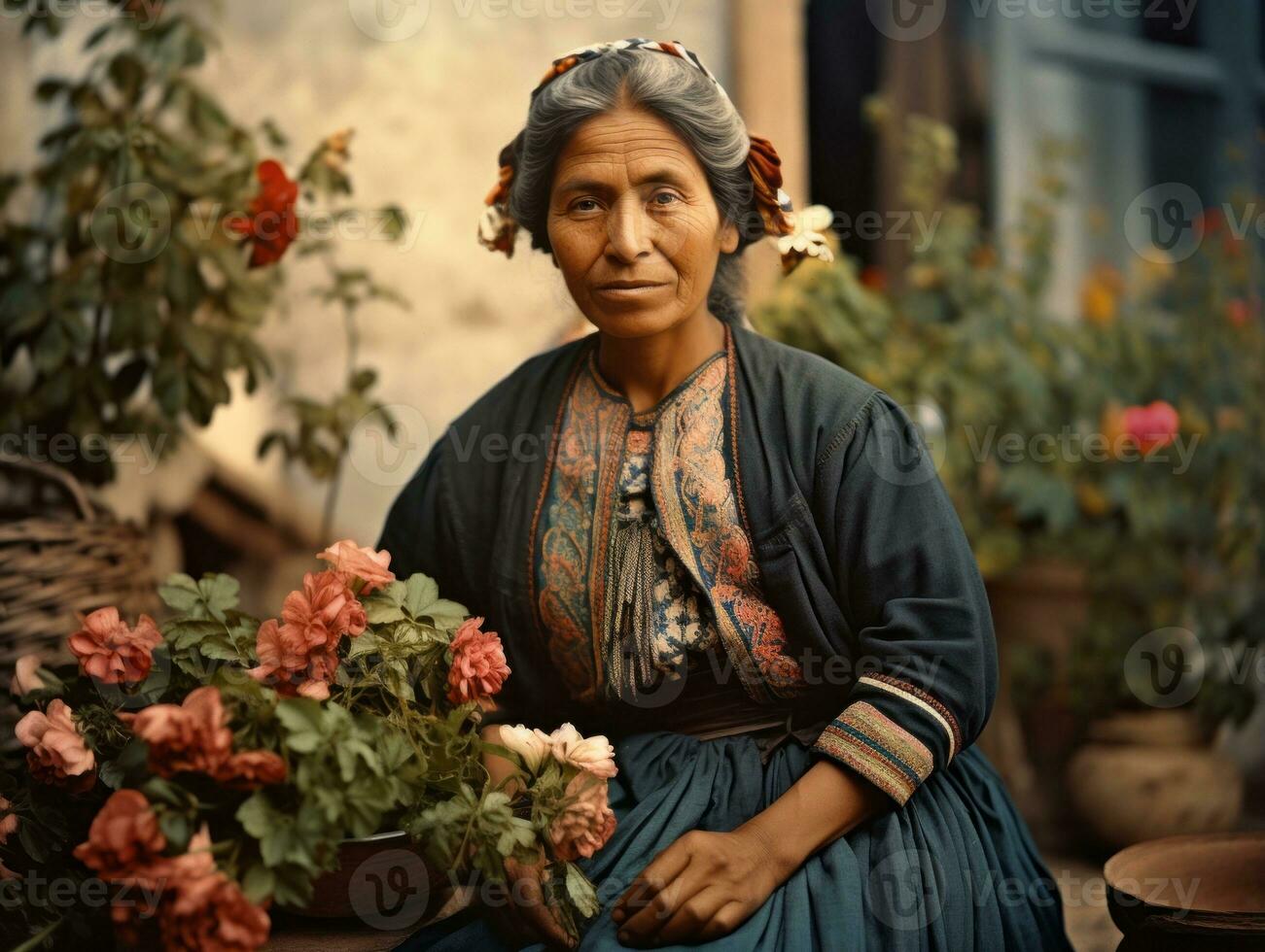 Old colored photograph of a mexican woman from the early 1900s AI Generative photo