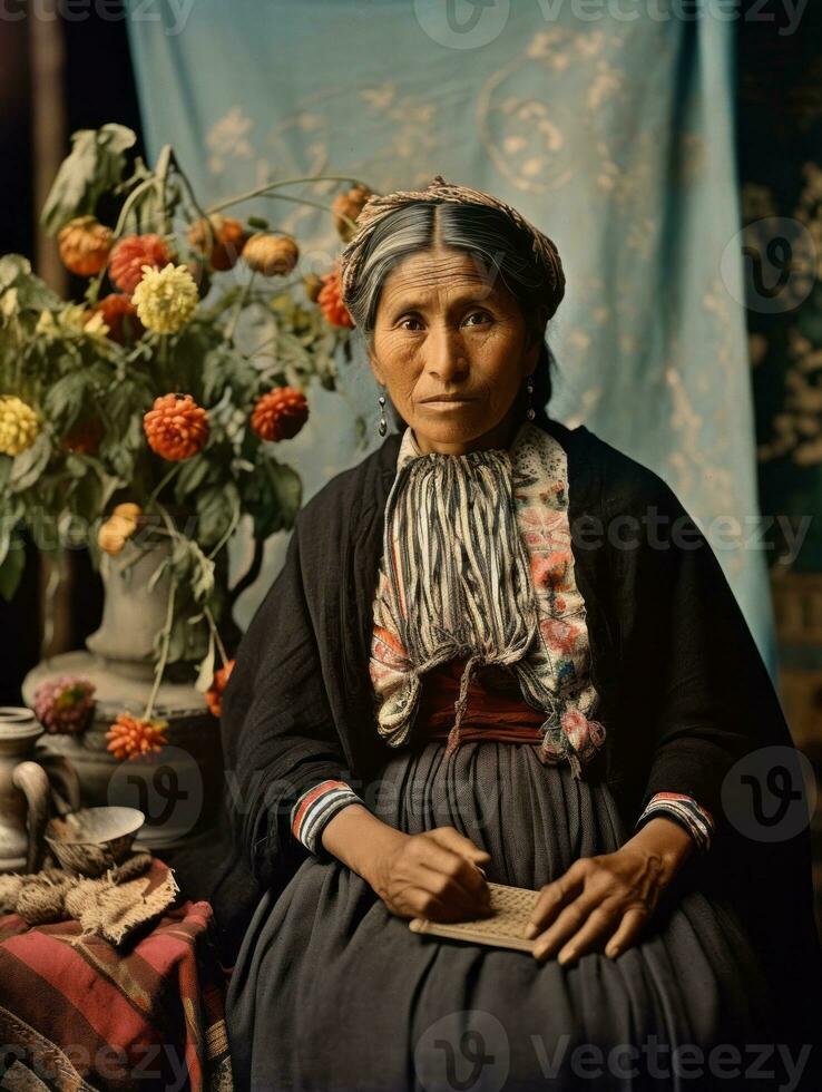 antiguo de colores fotografía de un mexicano mujer desde el temprano 1900 ai generativo foto