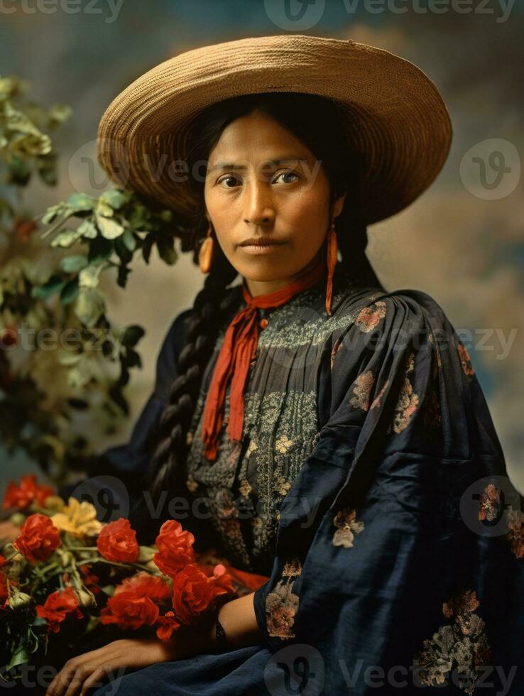 Old colored photograph of a mexican woman from the early 1900s AI Generative photo