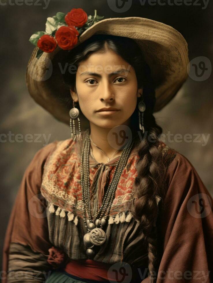 Old colored photograph of a mexican woman from the early 1900s AI Generative photo