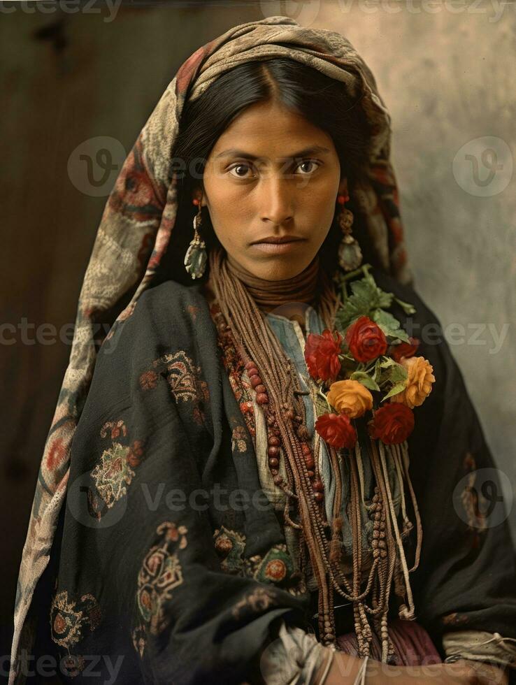 Old colored photograph of a mexican woman from the early 1900s AI Generative photo