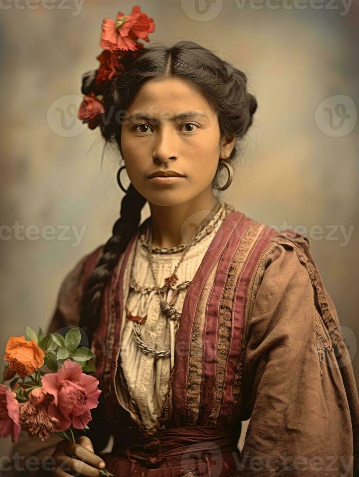 Old colored photograph of a mexican woman from the early 1900s AI Generative photo