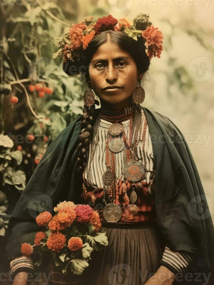 Old colored photograph of a mexican woman from the early 1900s AI Generative photo