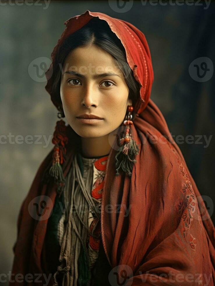 Old colored photograph of a mexican woman from the early 1900s AI Generative photo