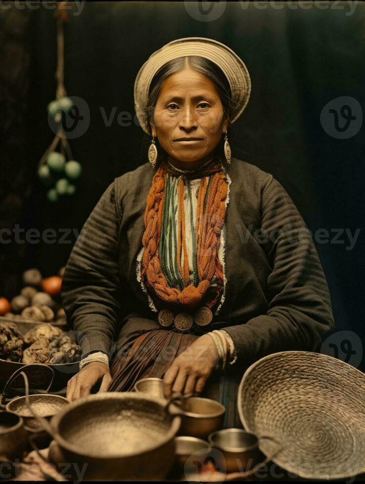 antiguo de colores fotografía de un mexicano mujer desde el temprano 1900 ai generativo foto