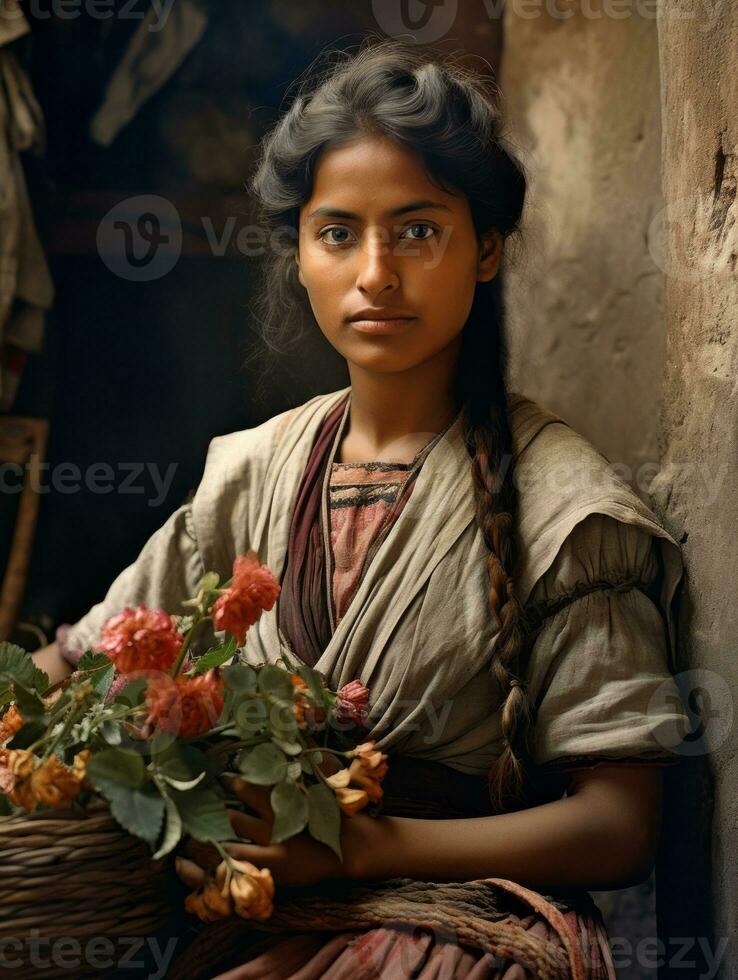 Old colored photograph of a mexican woman from the early 1900s AI Generative photo