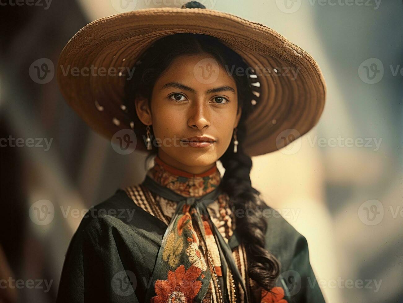 Old colored photograph of a mexican woman from the early 1900s AI