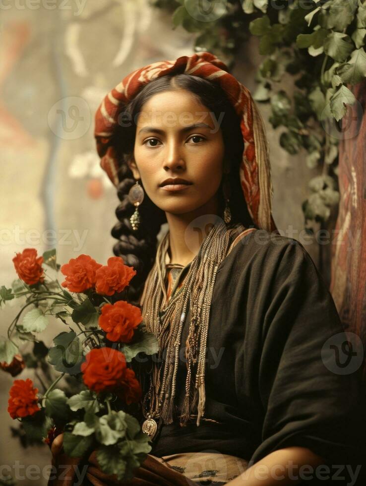 Old colored photograph of a mexican woman from the early 1900s AI Generative photo