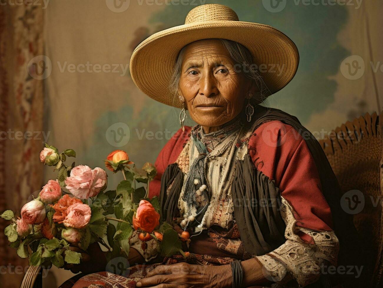 Old colored photograph of a mexican woman from the early 1900s AI Generative photo