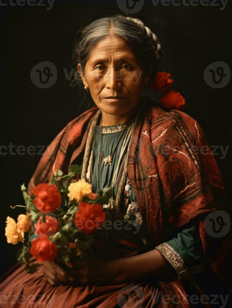 antiguo de colores fotografía de un mexicano mujer desde el temprano 1900 ai generativo foto