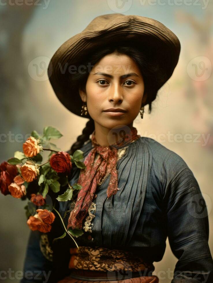 antiguo de colores fotografía de un mexicano mujer desde el temprano 1900 ai generativo foto