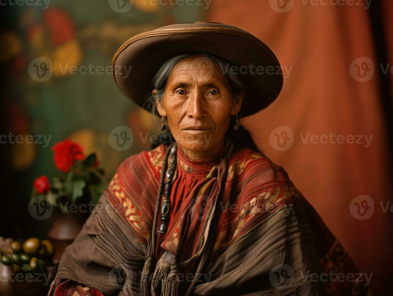 Old colored photograph of a mexican woman from the early 1900s AI Generative photo