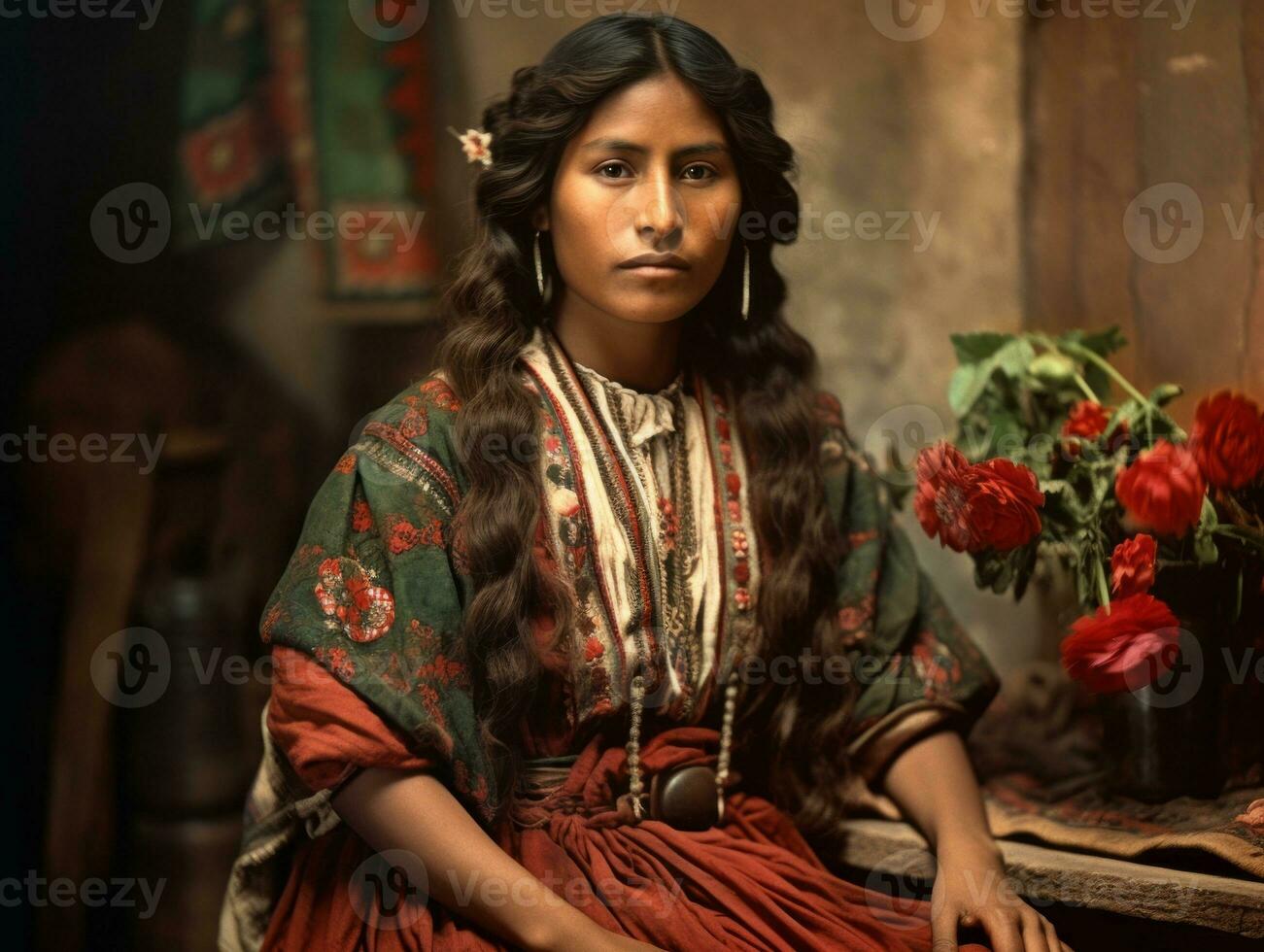 antiguo de colores fotografía de un mexicano mujer desde el temprano 1900 ai generativo foto