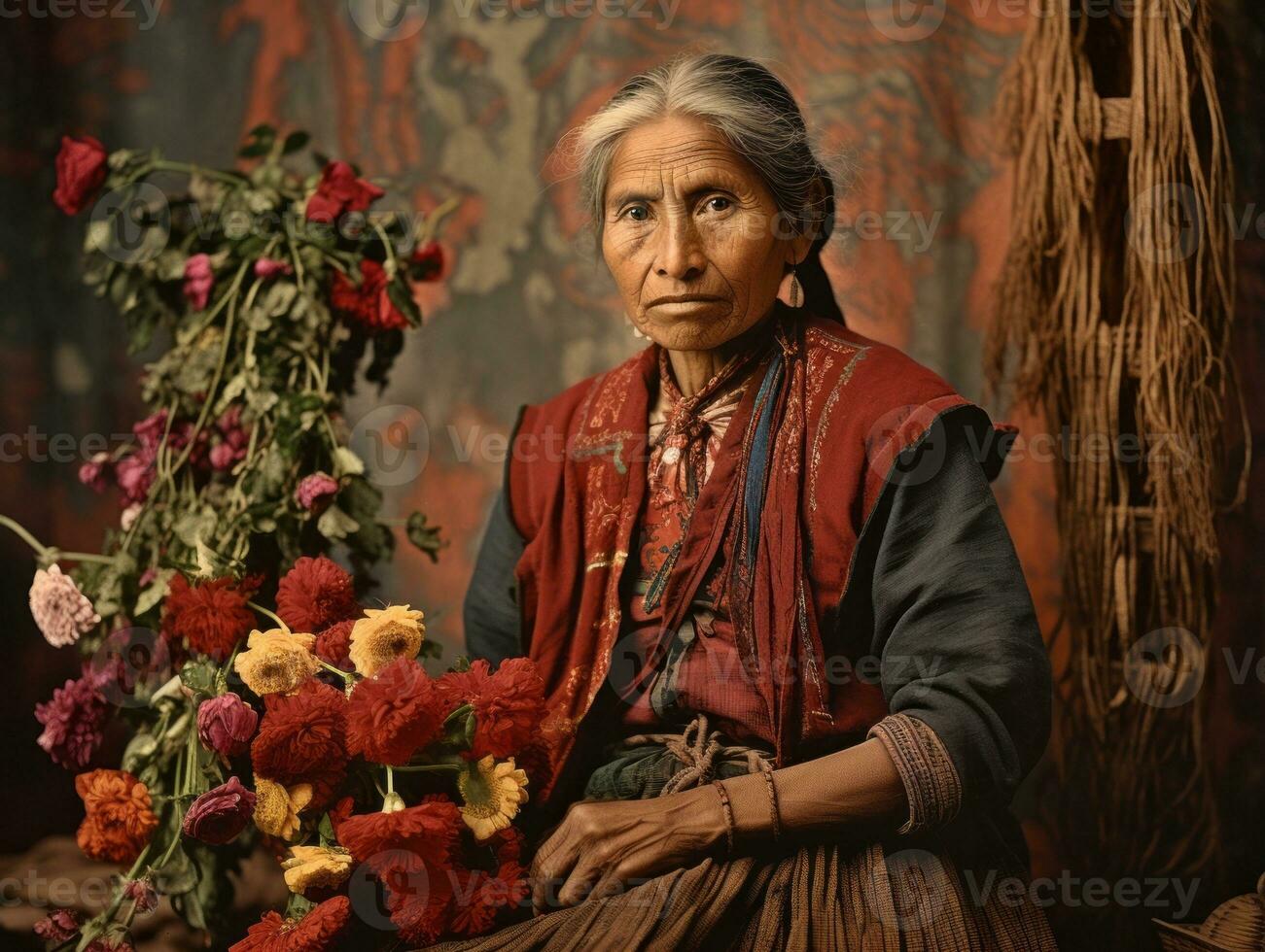 Old colored photograph of a mexican woman from the early 1900s AI Generative photo