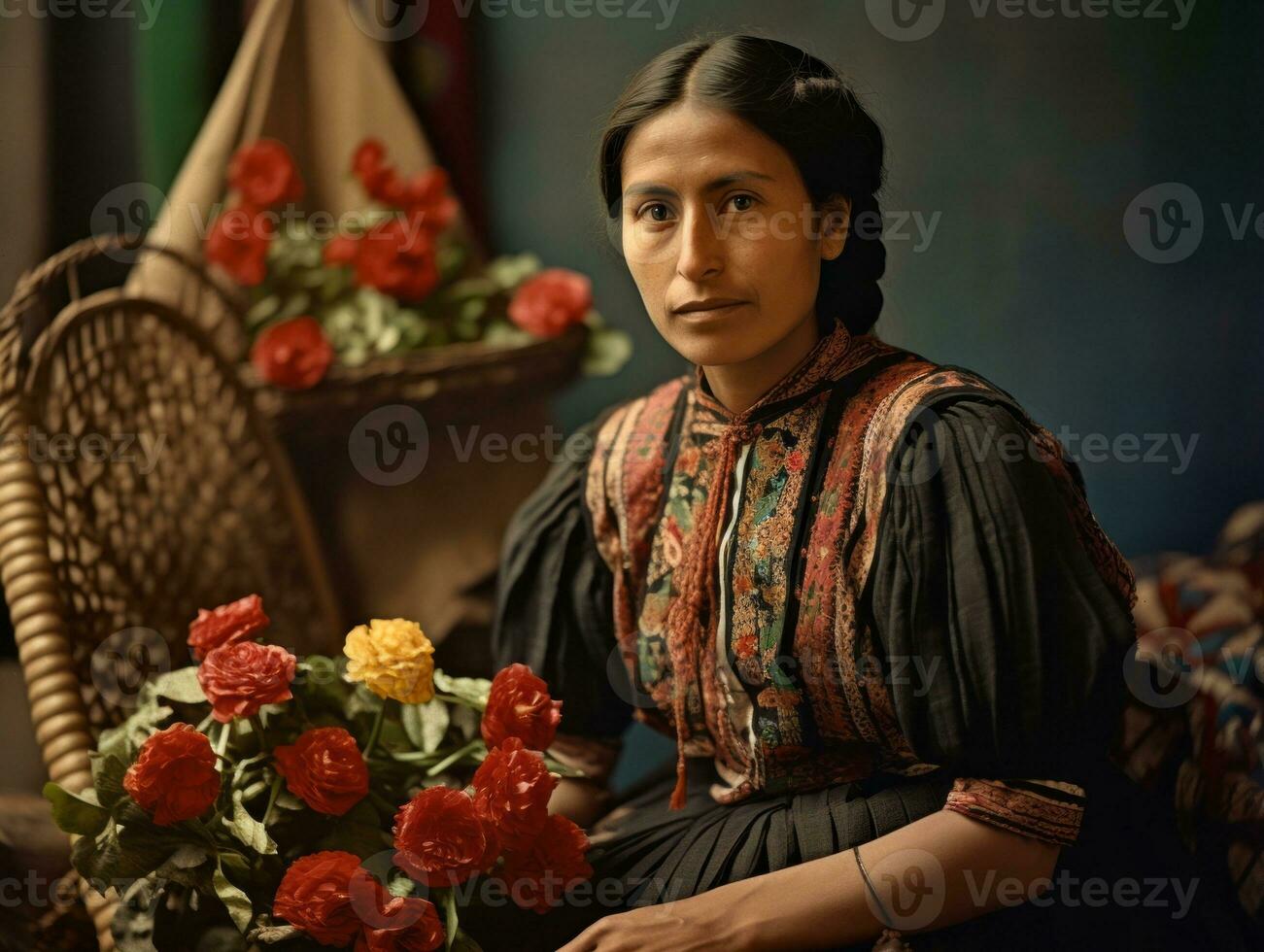 Old colored photograph of a mexican woman from the early 1900s AI Generative photo