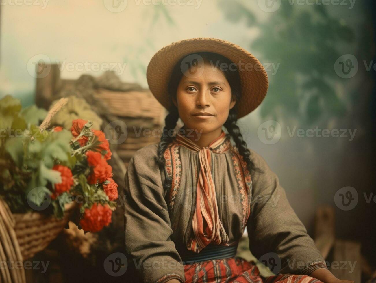 Old colored photograph of a mexican woman from the early 1900s AI Generative photo