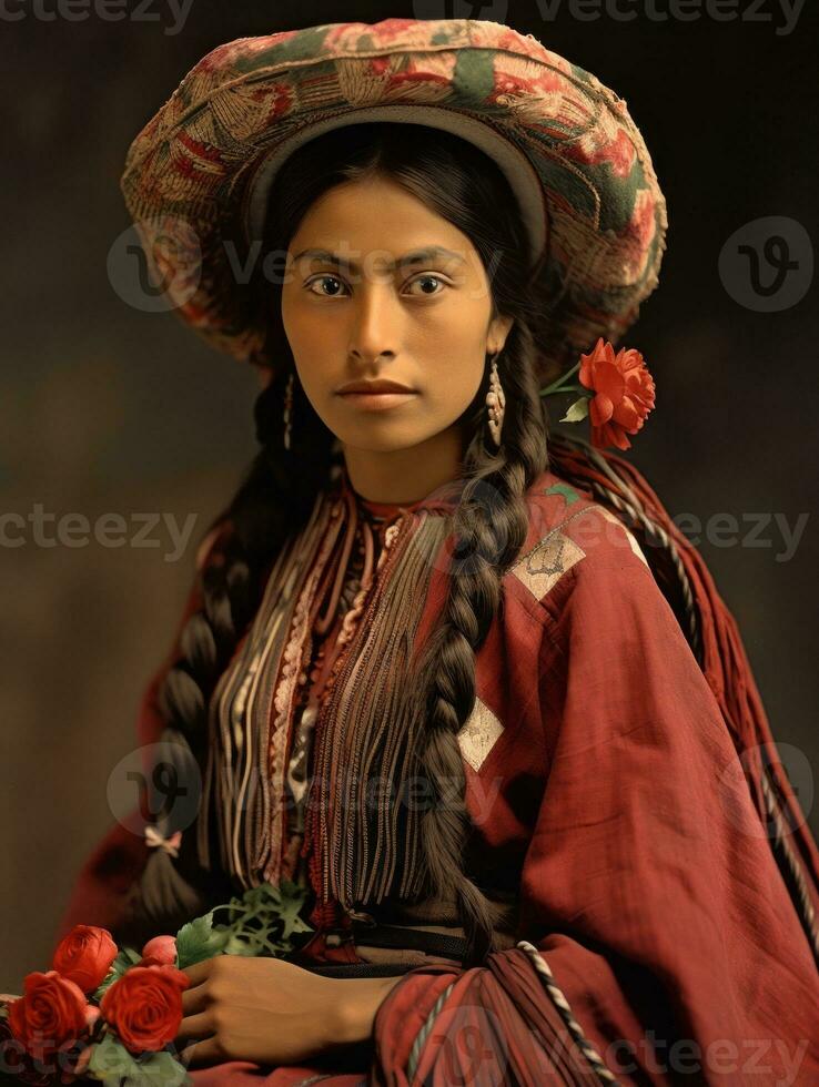 Old colored photograph of a mexican woman from the early 1900s AI Generative photo