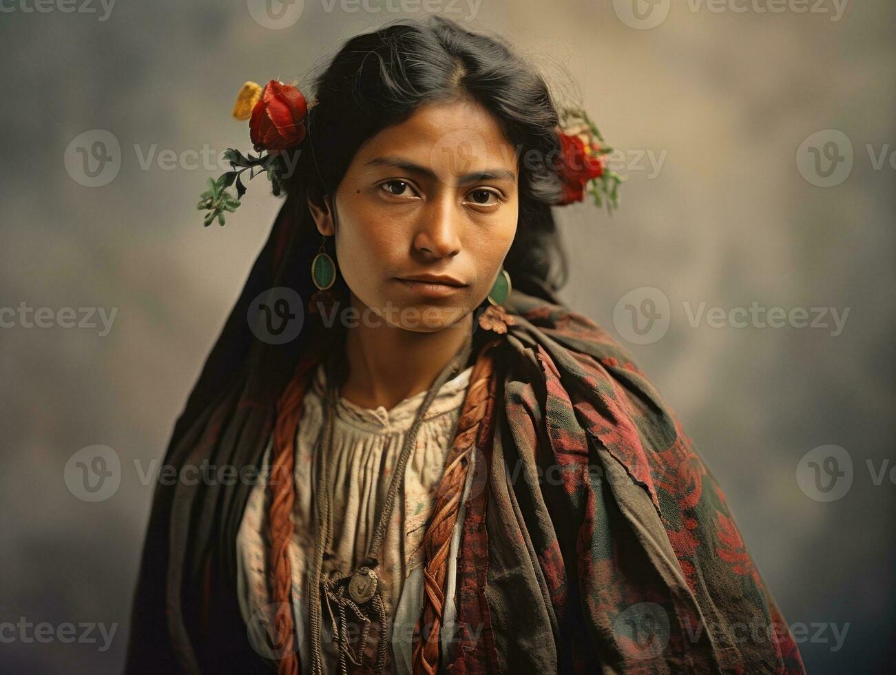 Old colored photograph of a mexican woman from the early 1900s AI Generative photo