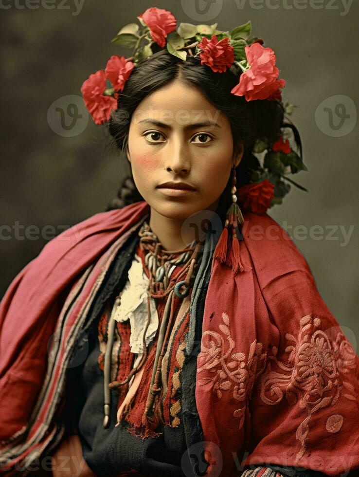 Old colored photograph of a mexican woman from the early 1900s AI Generative photo