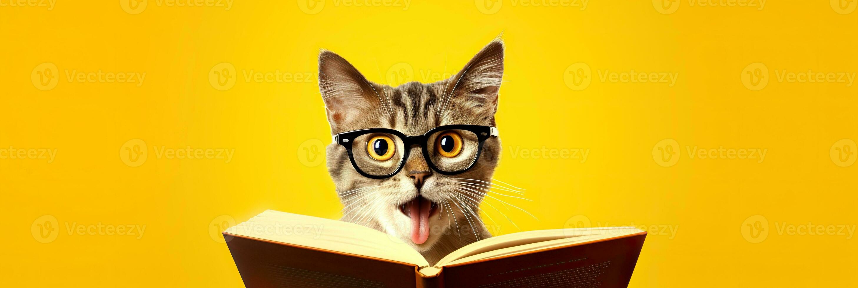 Funny cat in eyeglasses reading a book on yellow background. A cat with a book shows its tongue.  AI Generated photo