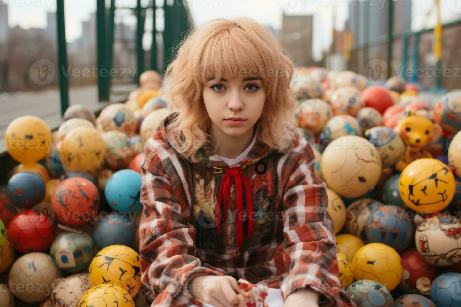 a girl sitting on a pile of balls generative ai photo